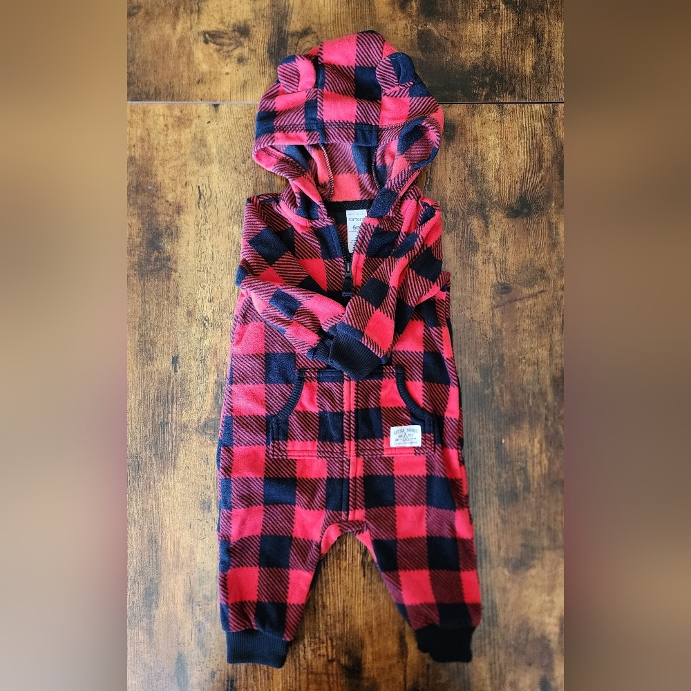 Hooded Zip Up Baby Jumper Red Buffalo Plaid 3m